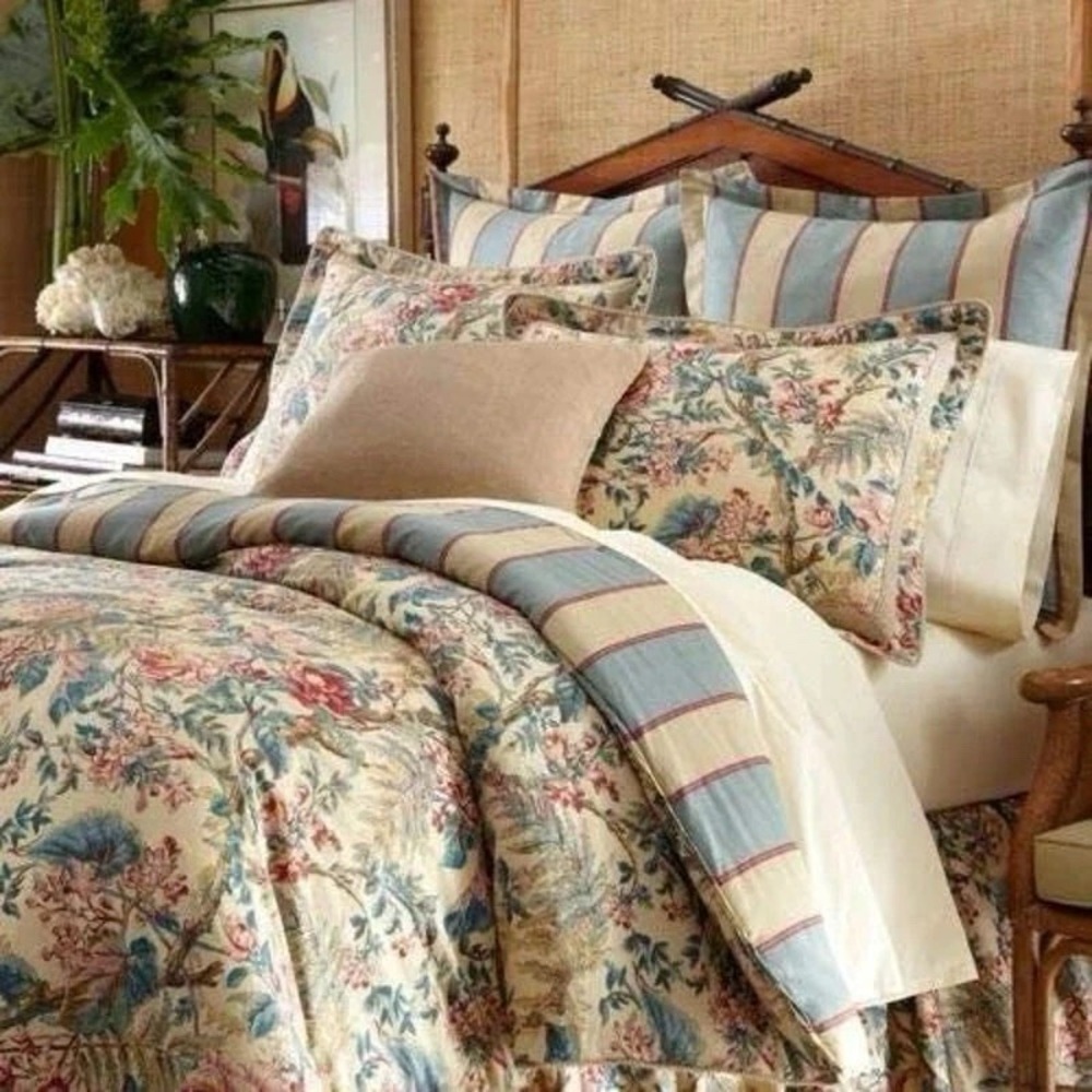 King Ralph Lauren Tangier Floral Comforter Reversible Stripe Jute Trim RL Lauren - Picture 2 of 8